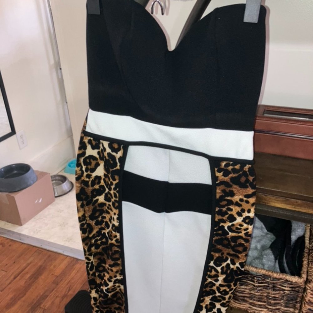 Black and White Leopard Print Strapless Dress